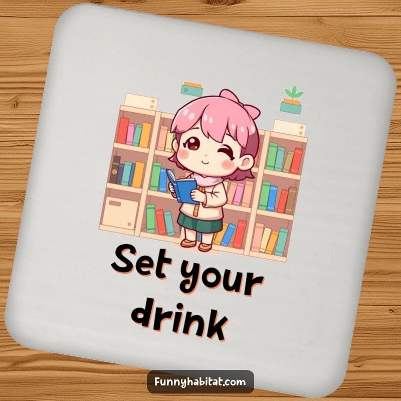 Funny coasters featuring a character happily arranging miniature bookshelves, adding a humorous touch to drink protection.