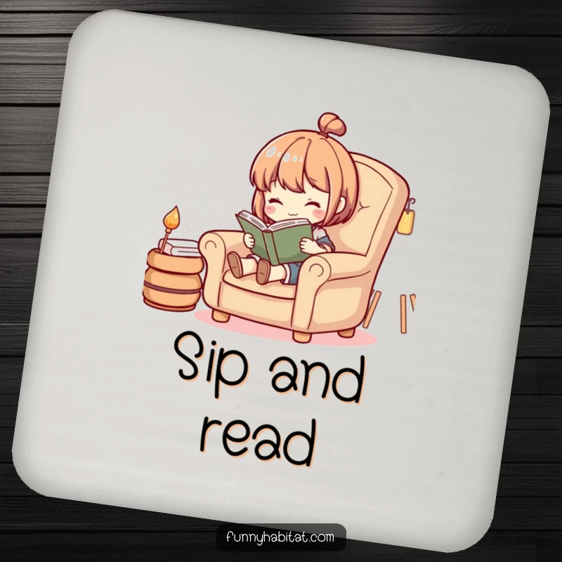 Funny drink coaster featuring a character engrossed in reading a book in a cozy armchair, protecting surfaces with style.