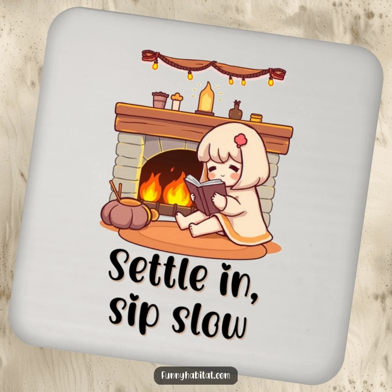 Funny character reading a book by a glowing fireplace, on a protective drink coaster.