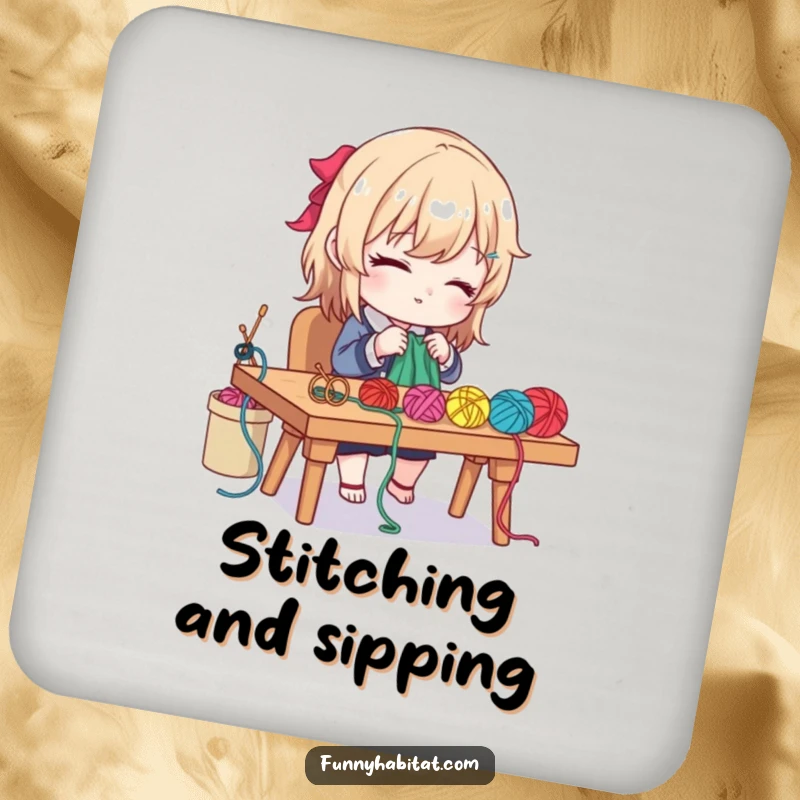 Funny drink coaster with a diligent character crafting with colorful yarn and needles at a desk, protecting surfaces.