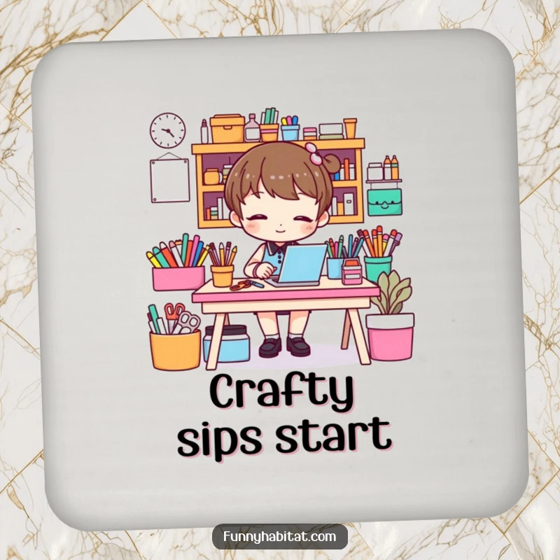 Funny drink coaster showing a character organizing a craft desk, protecting surfaces with a touch of playful order.