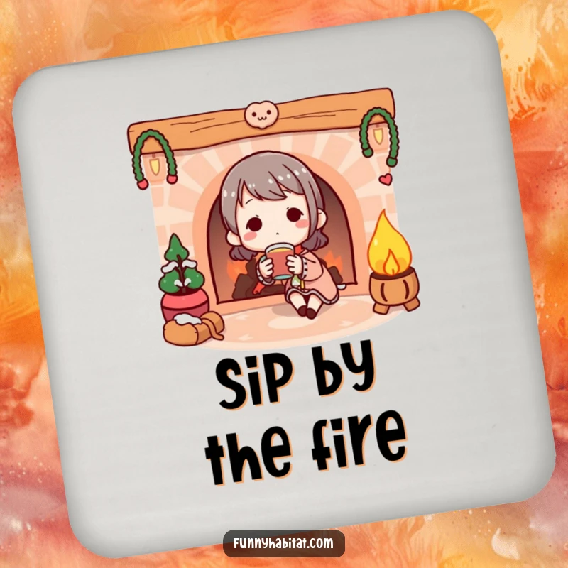 Funny Coaster: Illustration of a character enjoying a warm beverage by a cozy illustrated fireplace.