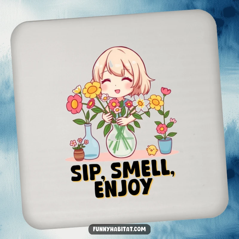 Funny drink coaster set displaying a happy florist character arranging flowers in a vase, protecting surfaces with charm.