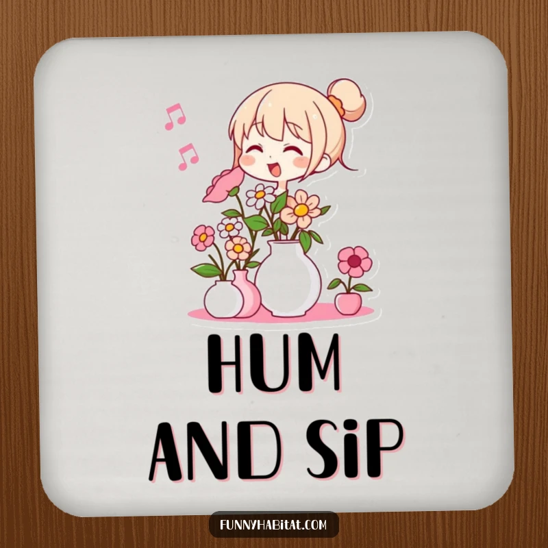 Funny drink coasters featuring a character humming while arranging flowers in a vase; adding artistic and humorous flair.