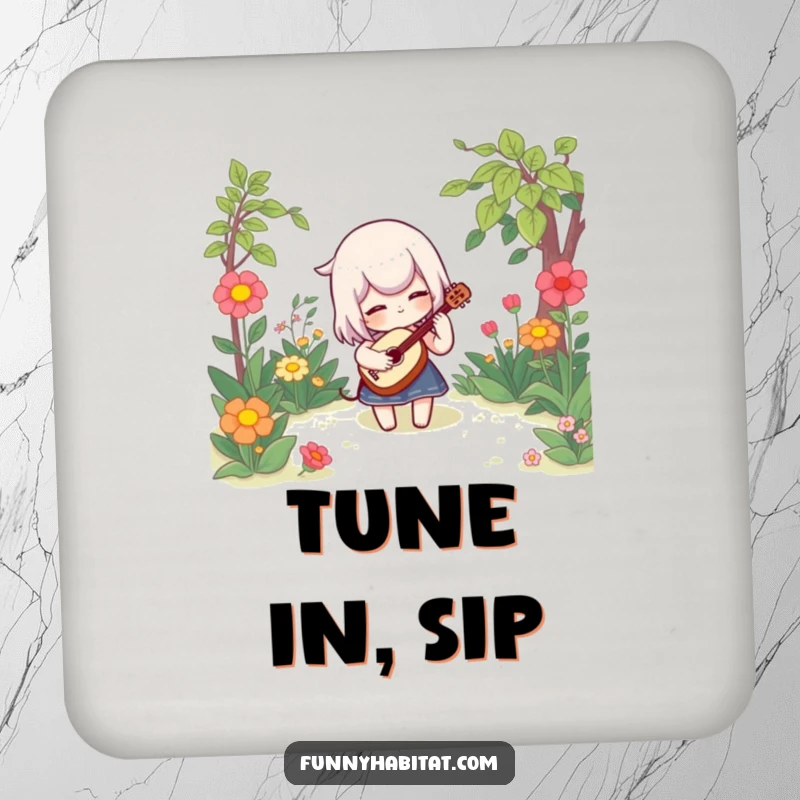 Funny drink coaster showing a character playing a small instrument in a garden, offering whimsical surface protection with a humorous touch.