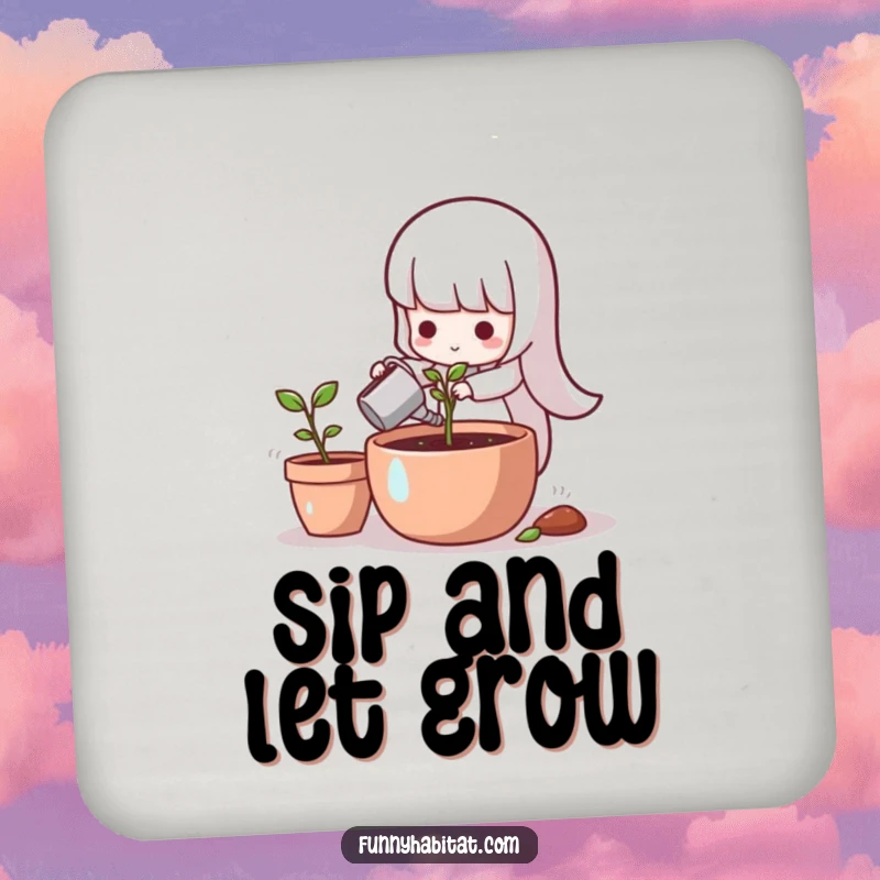 Funny character watering a tiny sprout in a sunlit pot, on a protective drink coaster.
