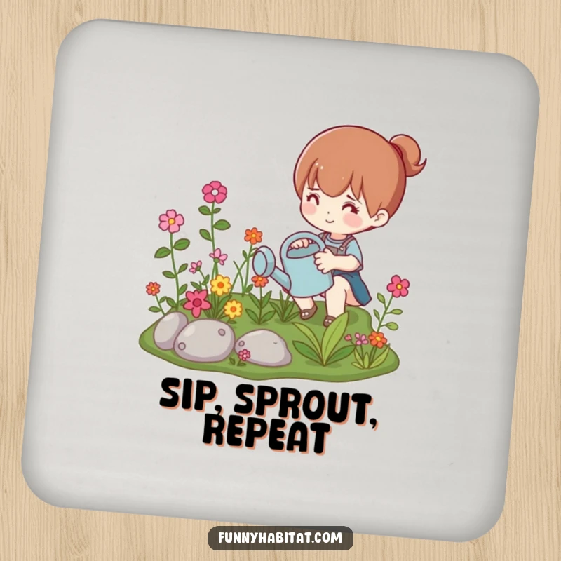Funny drink coaster with a character watering a vibrant miniature garden, protecting surfaces with humorous botanical flair.