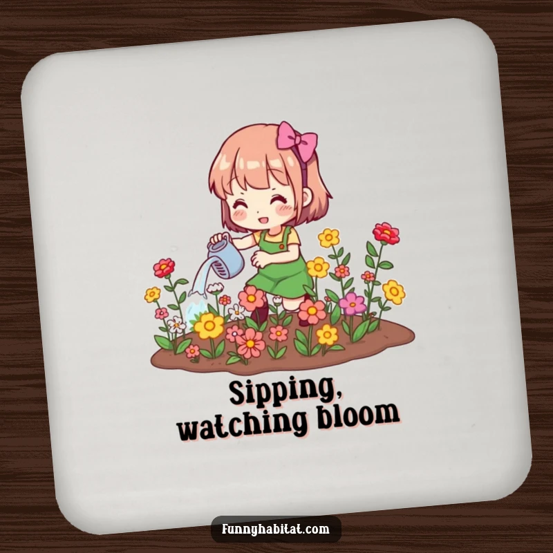 Funny drink coaster set featuring a character watering blooming flowers, protecting tables with a touch of garden humor.