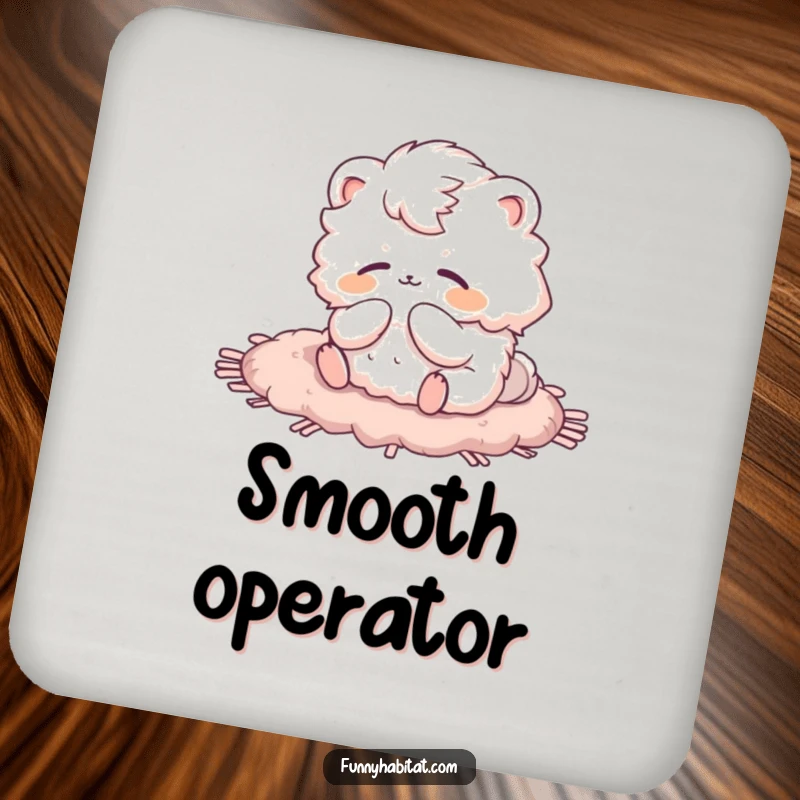 Funny drink coaster with a fluffy animal character grooming on a rug, for protecting surfaces humorously.