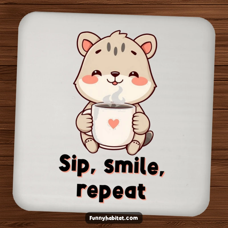 Funny Drink Coaster with a cheerful animal smiling and holding a steaming mug, adding a touch of humor and warmth.
