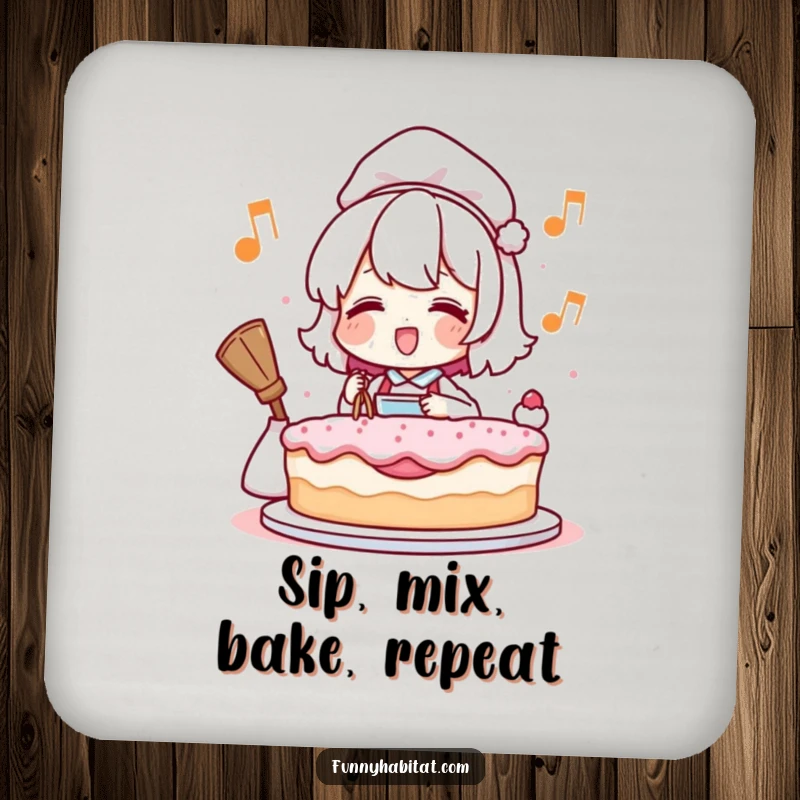 Funny drink coasters featuring a stylized character humming happily while baking a cake, protecting surfaces with charm and humor.