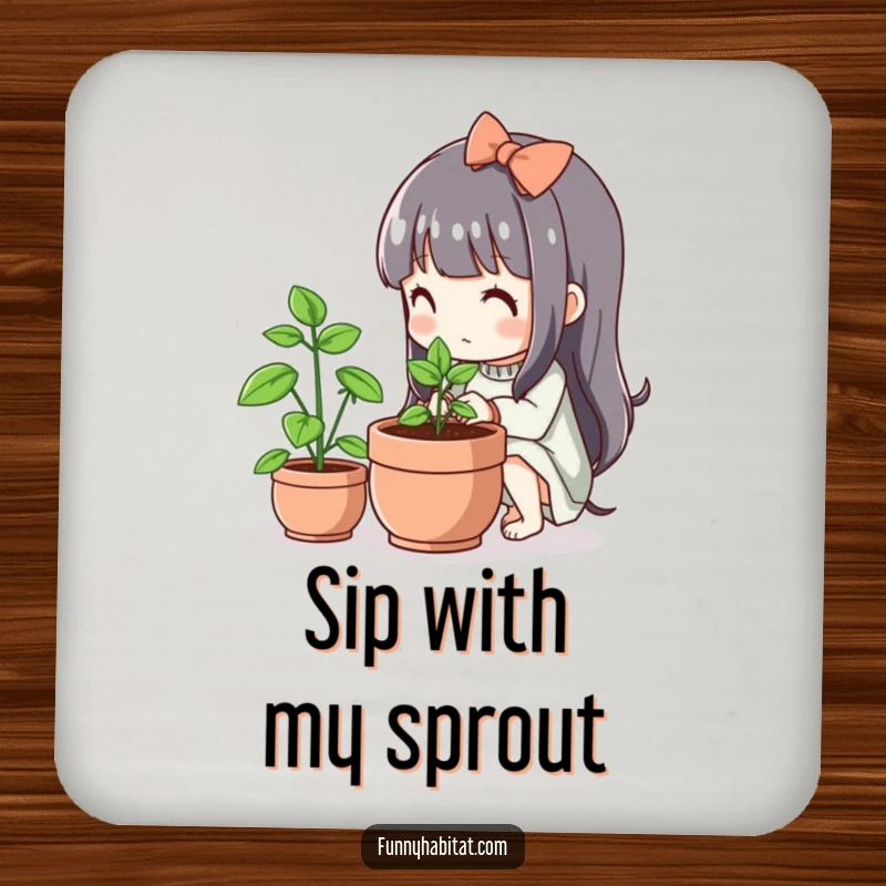 Funny Kawaii Coaster, a cute character tends a small flourishing plant, protecting tables with charm.