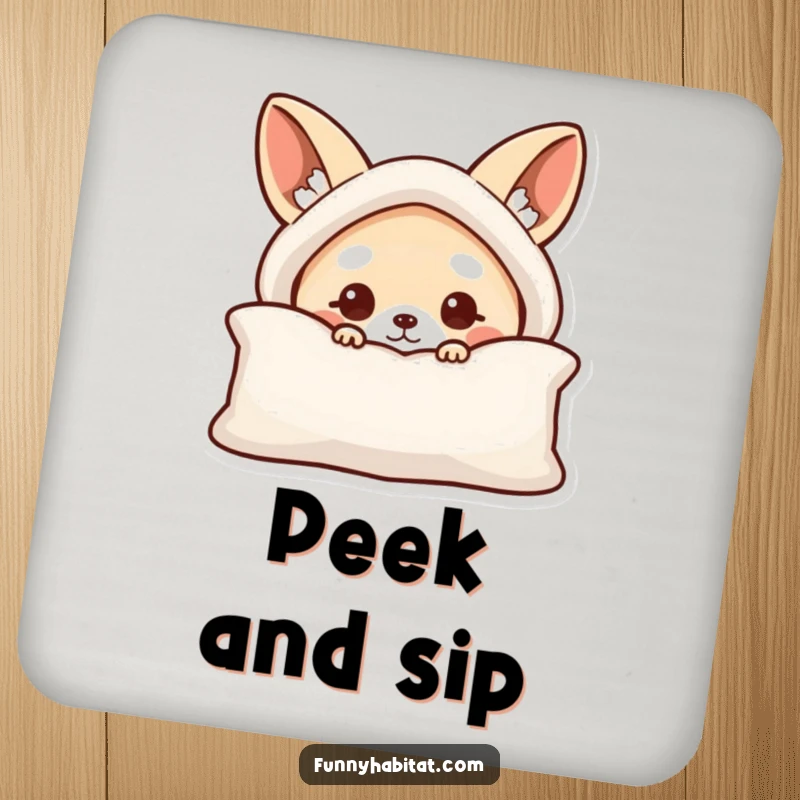 Funny drink coaster with a curious animal character peeking from behind a cushion, for protecting surfaces humorously.