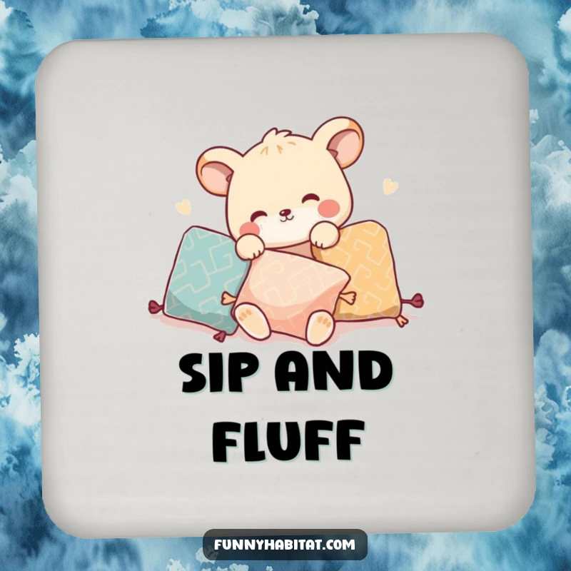 Funny drink coaster with an animal character playfully rearranging pillows, for protecting surfaces humorously.
