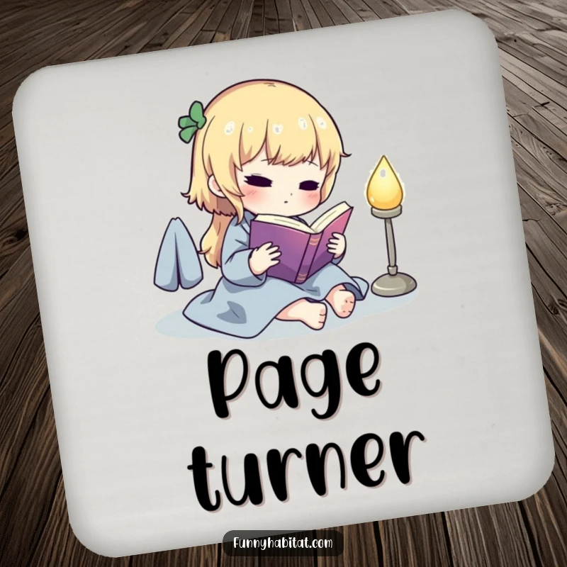 Funny drink coaster with a cute character reading a book under a softly glowing lamp, protecting surfaces with literary humor.
