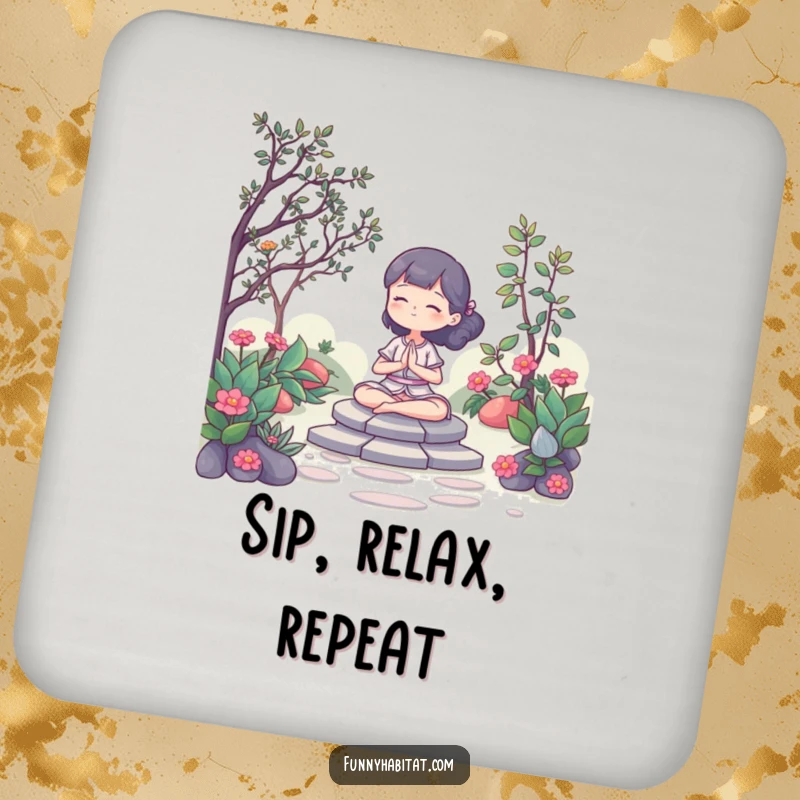 Funny Coaster: A character meditating peacefully in a serene garden, bringing calm vibes. Excellent gift.