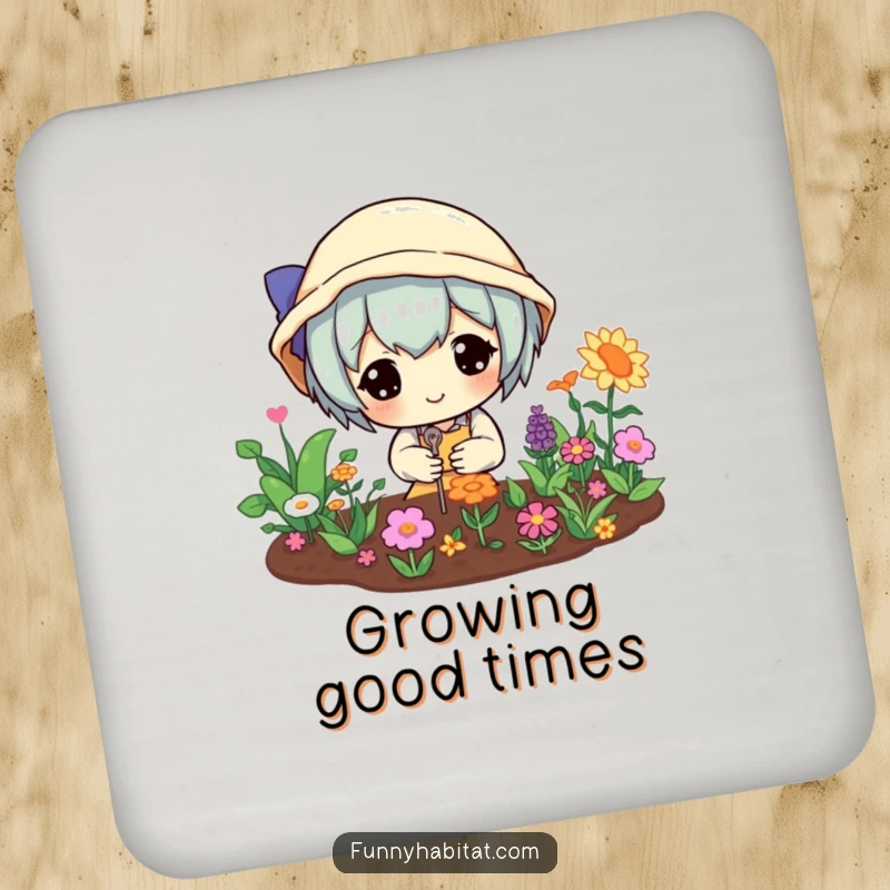 Funny drink coaster with a happy character tending a miniature, vibrant garden, protecting surfaces with delightful horticultural humor.
