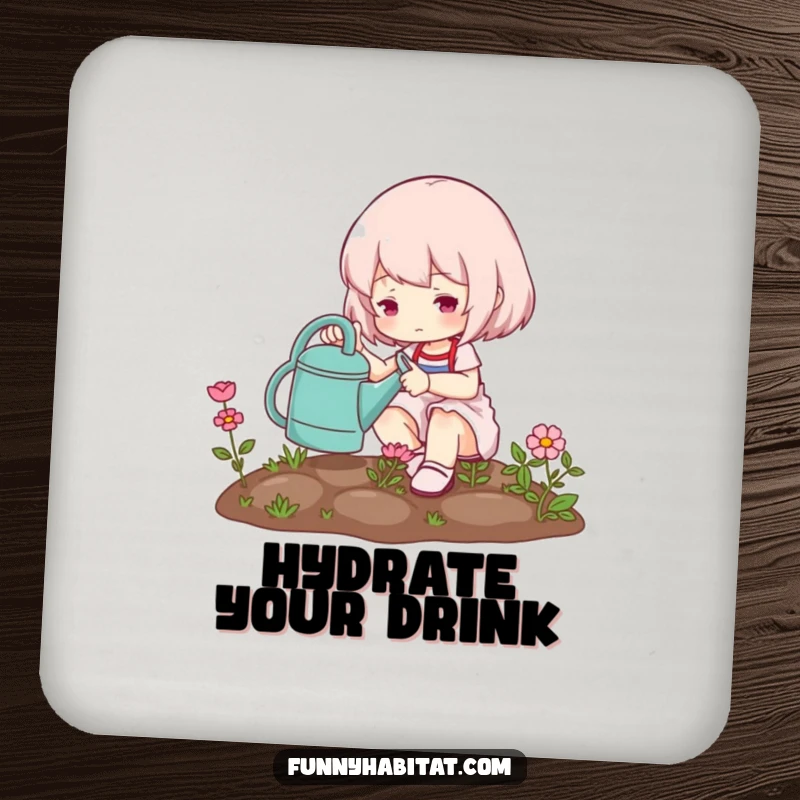 Funny drink coaster depicting a cute character watering a miniature garden, adding peaceful, garden-themed charm to beverage service.