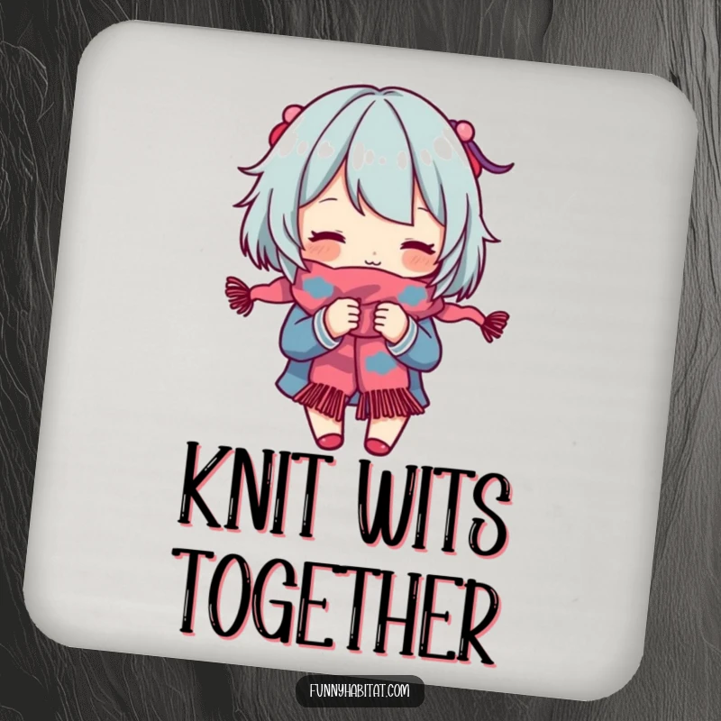 Funny Coaster: A character engrossed in knitting a colorful scarf, adding crafty charm. Excellent gift.