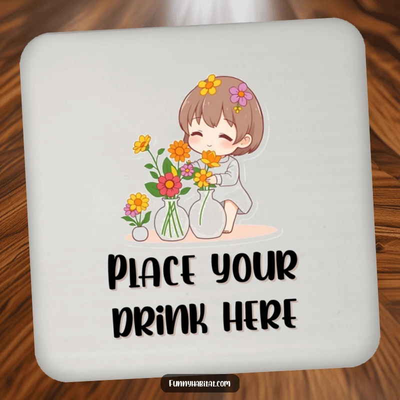 Funny drink coaster with a character arranging colorful flowers in a vase, safeguarding surfaces with floral charm.