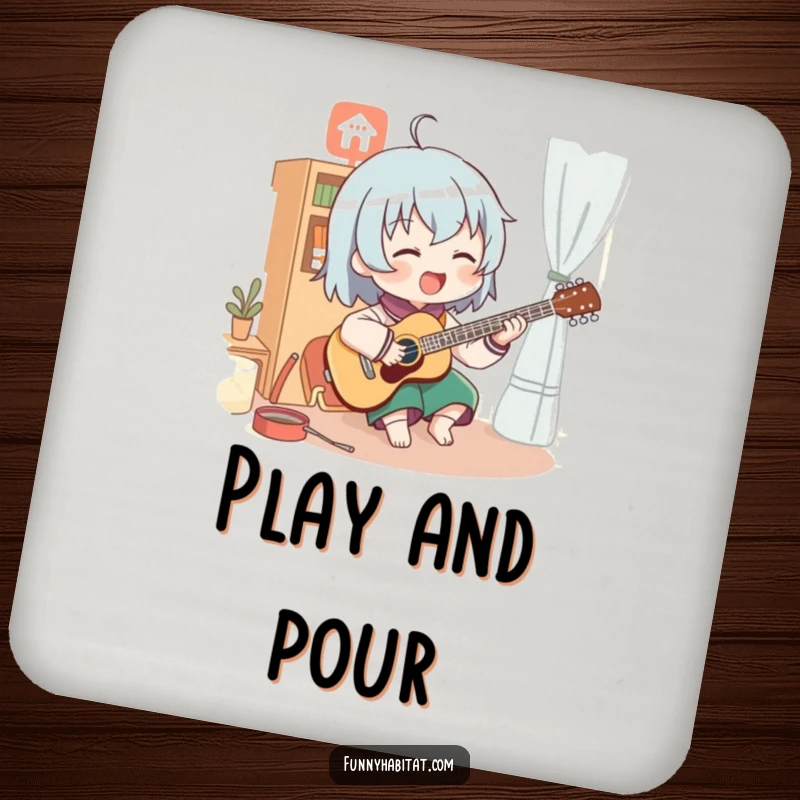 Funny drink coasters featuring a character enthusiastically playing a musical instrument in a cozy room; humorous and protective table accents.