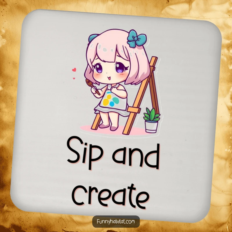 Funny drink coaster with a character artist painting a small, vibrant canvas, adding a touch of humor to tabletops.