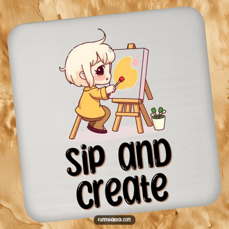 Funny Drink Coaster: A character joyfully paints on a small canvas, adding a splash of artistic humor to drink settings.