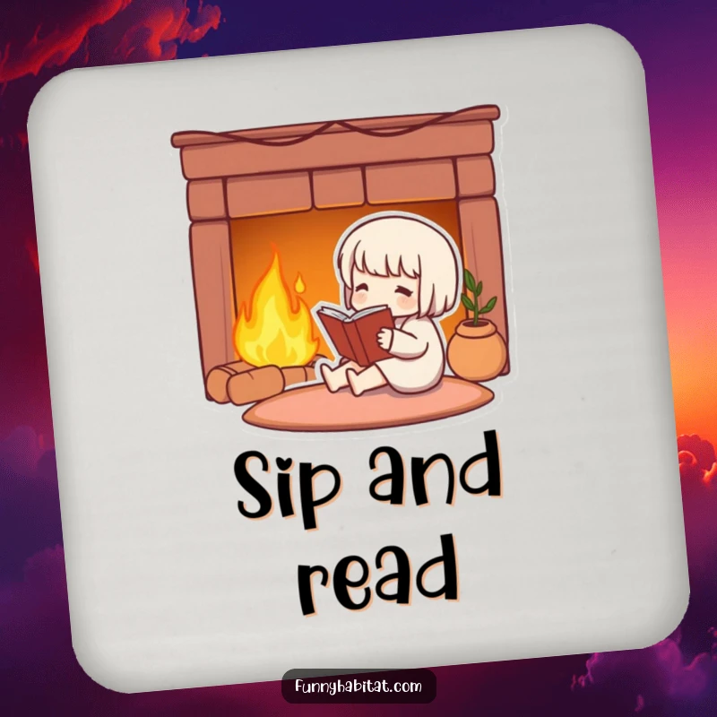 Funny coasters featuring a cute character reading by a warm fireplace, adding literary flair to table protection.