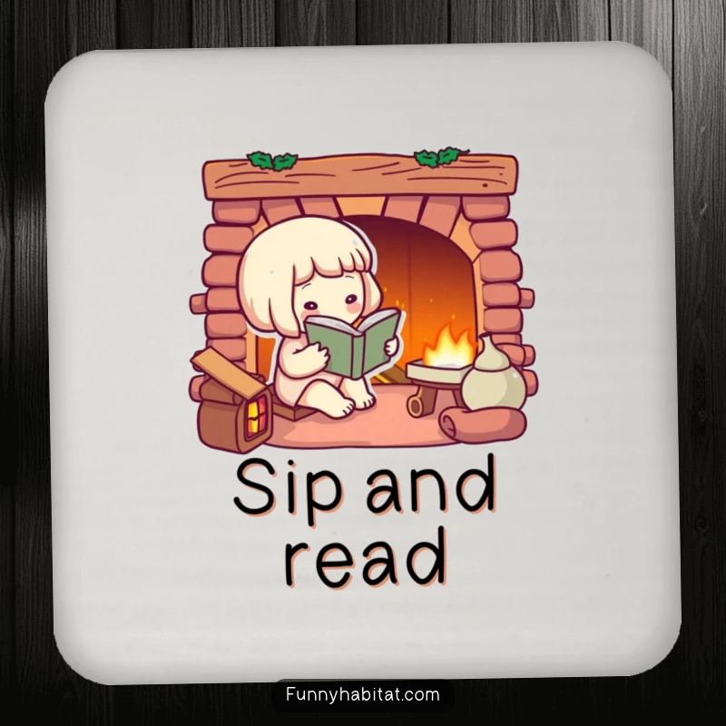 Funny drink coaster with a character reading by a fireplace, adding a cozy and humorous touch to any table.