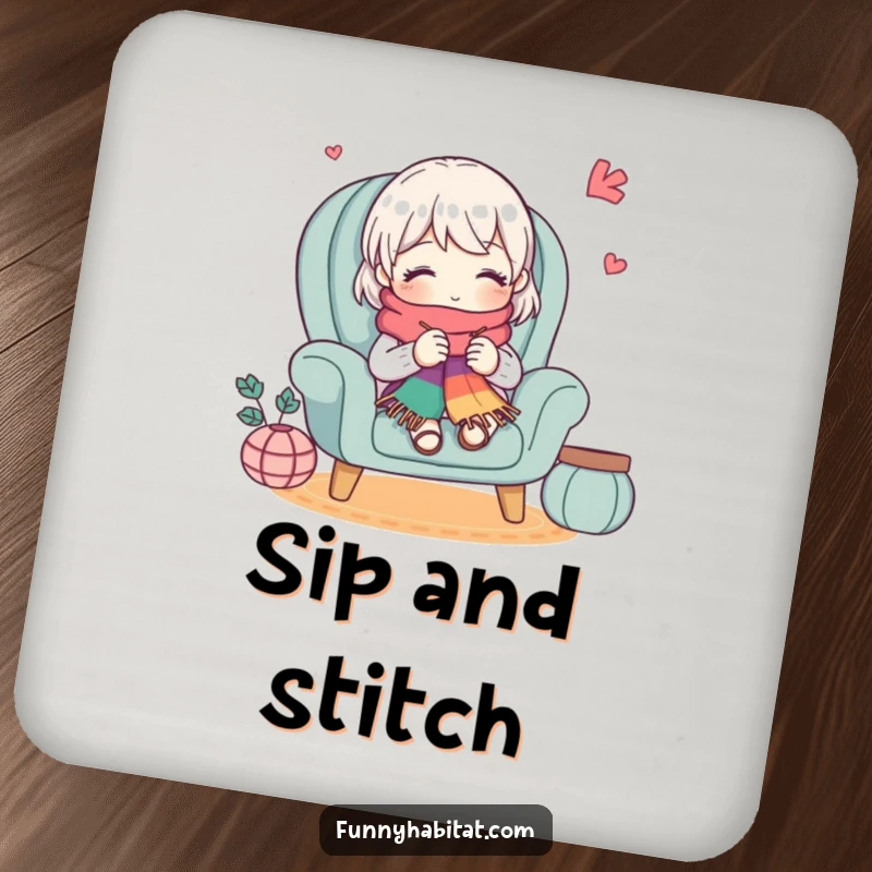 Funny drink coaster with a cute character knitting a colorful scarf in a cozy armchair, protecting surfaces with humorous charm.