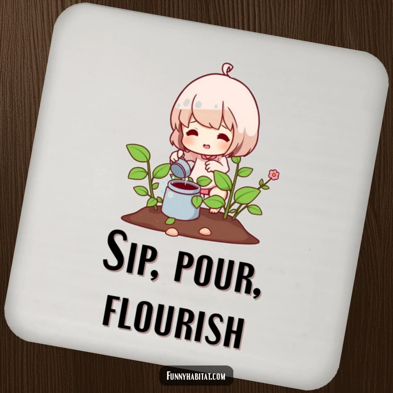 Funny drink coaster showing a character watering a healthy plant, adding a decorative and humorous touch to tables.
