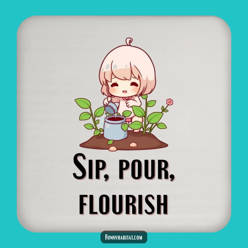 Funny Drink Coaster: Gardener Character Watering Plant Protection