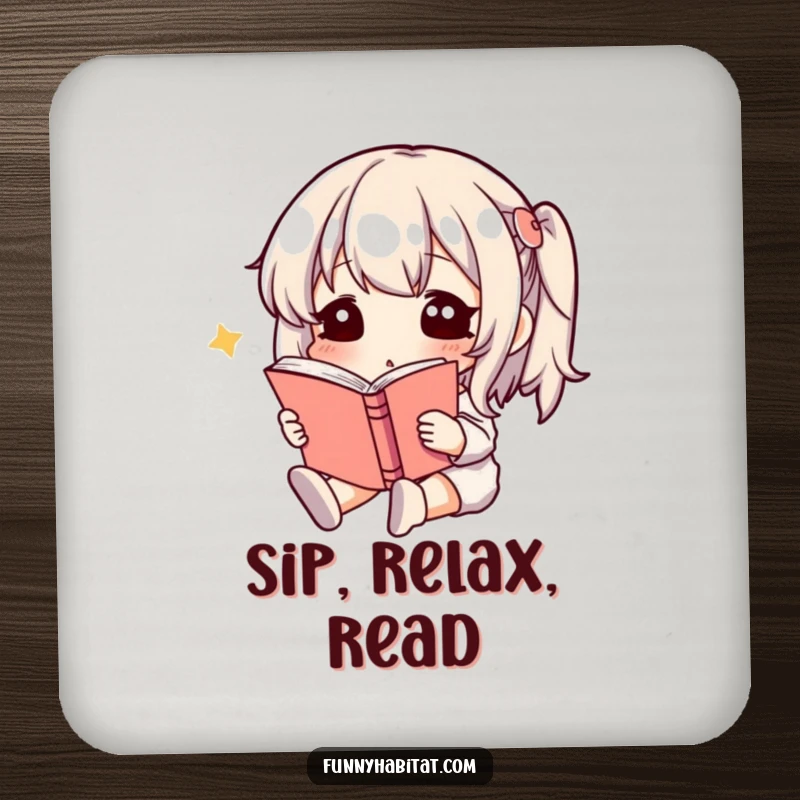 Funny Drink Coaster with a calm character reading a book, protecting tables with literary-themed humor and style.