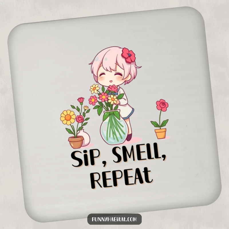 Funny Drink Coaster: A character joyfully arranges flowers in a vase, offering a humorous touch of nature to any surface.