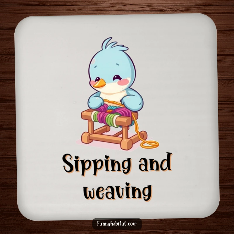 Funny bird character arranging colorful yarn on a tiny loom, a set of humorous and protective drink coasters.