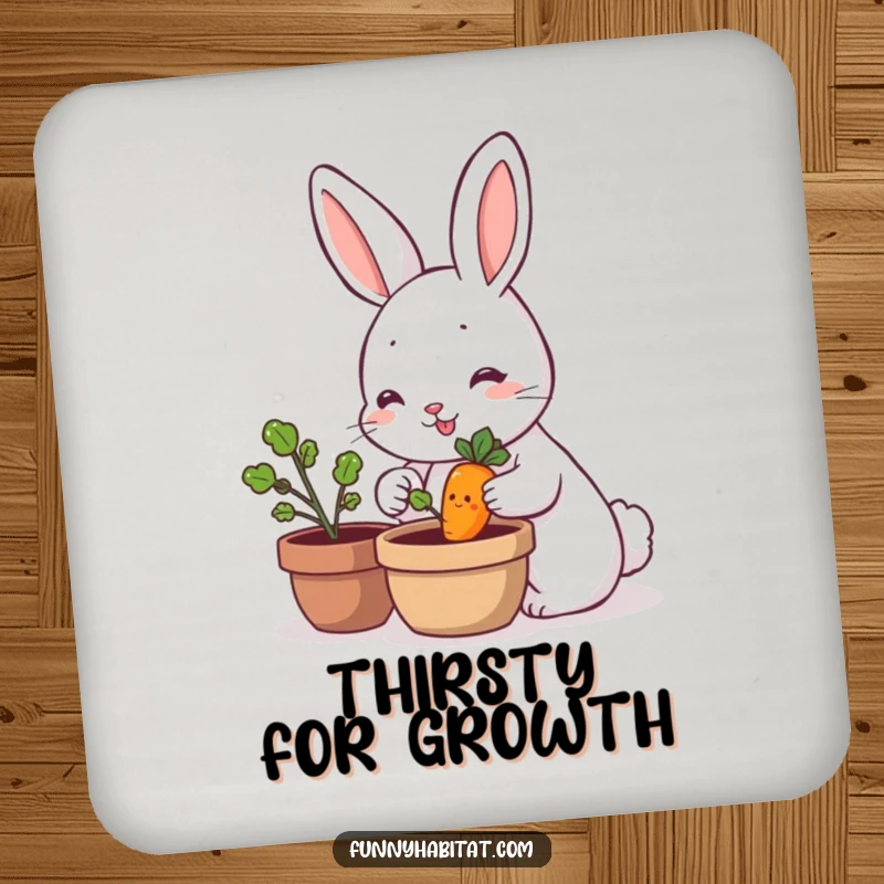 Funny rabbit character tending a miniature smiling carrot plant, a set of humorous and protective drink coasters.