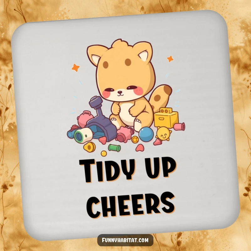Funny drink coaster with an energetic animal character tidying toys, for protecting surfaces humorously.