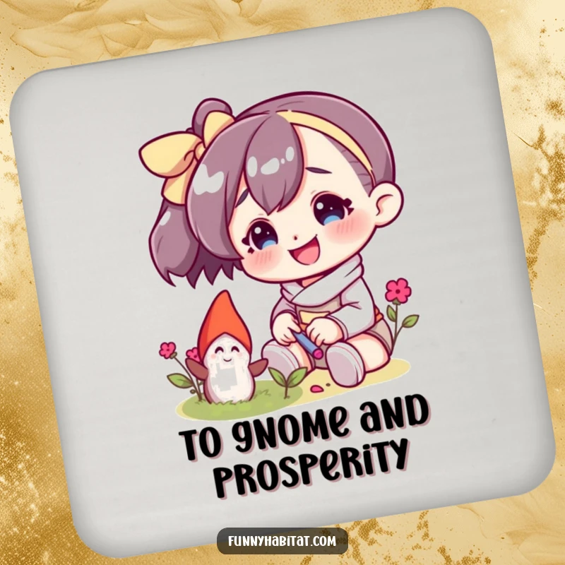 Funny drink coaster showing a character smiling while tending to a tiny garden gnome, adding a decorative and humorous touch.