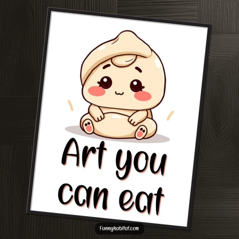 Funny character focused intently on kneading dough with a blissful expression, on a humorous poster.