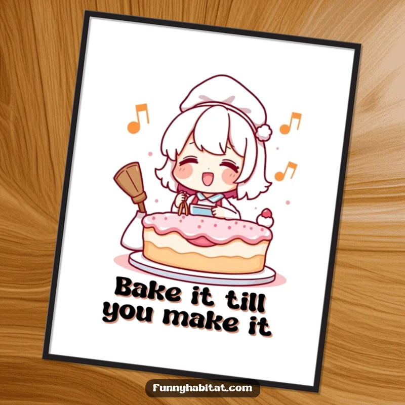 Funny poster of a stylized character happily humming and baking a cake, adding a cheerful and humorous touch to any room.