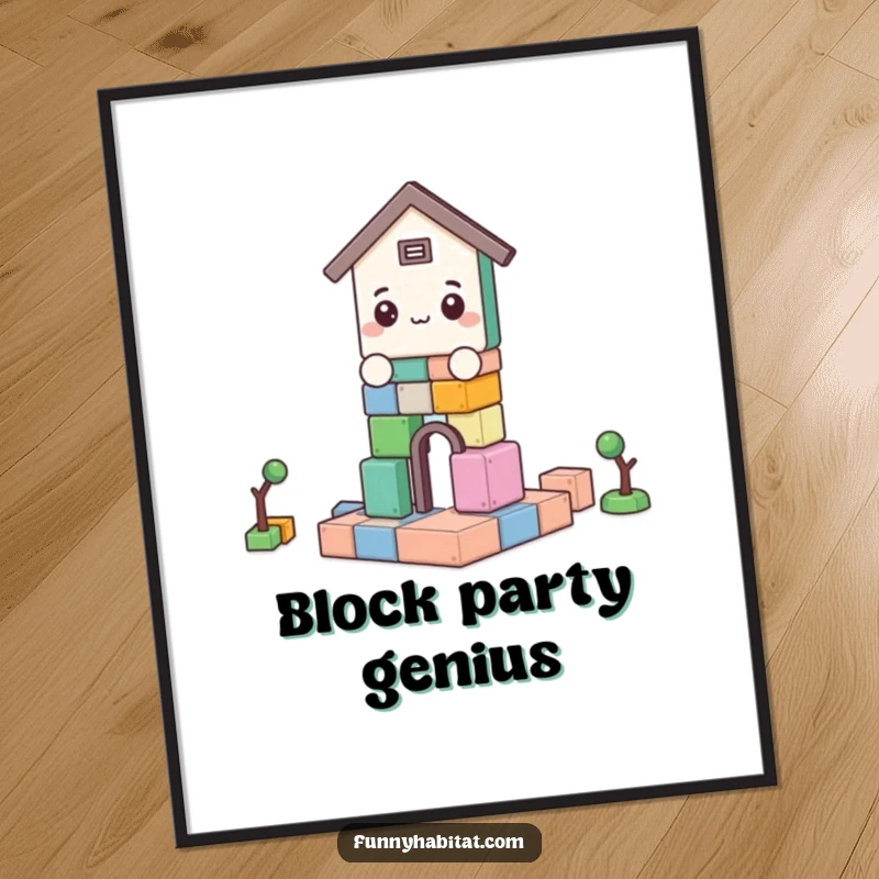 Funny poster showcasing a character engrossed in building a block structure, bringing a sense of playful achievement to the viewer.