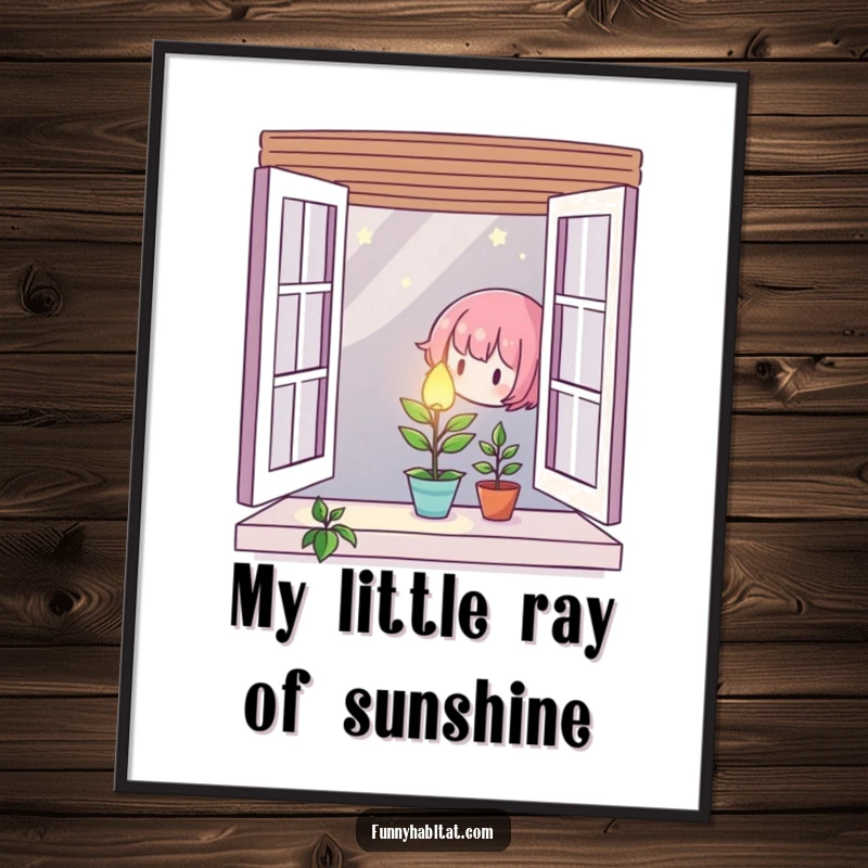 Character carefully tending to a small, glowing plant by a window, presented as gentle wall art.