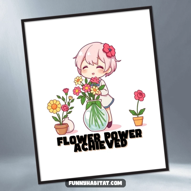 Funny Poster: A character cheerfully arranges a vibrant vase of flowers, bringing natural beauty and humor to decor.