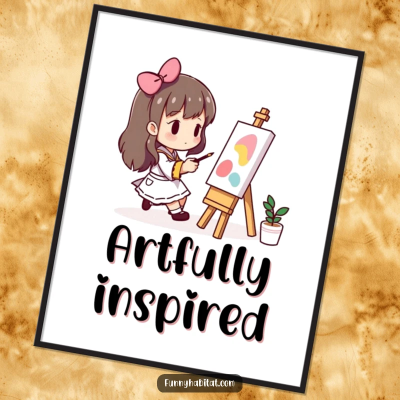 Funny poster featuring a character engrossed in painting on a small easel, capturing a moment of artistic focus.