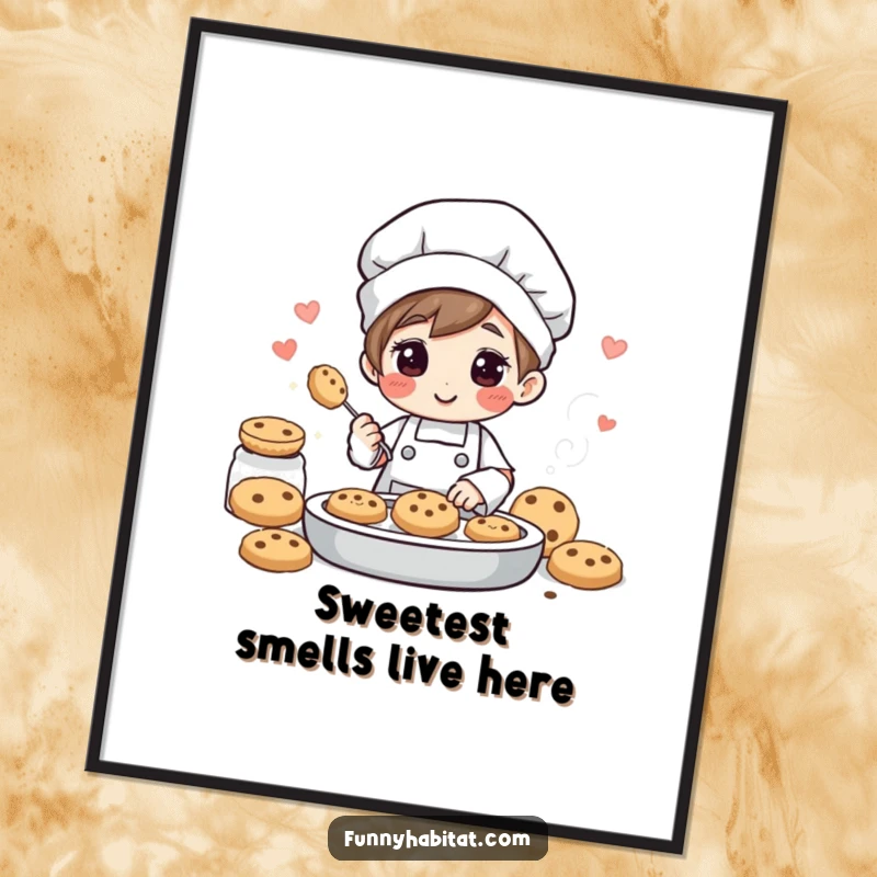 Funny poster of a cheerful character baking delightful cookies, with sweet aromas visually represented, perfect for kitchen decor.