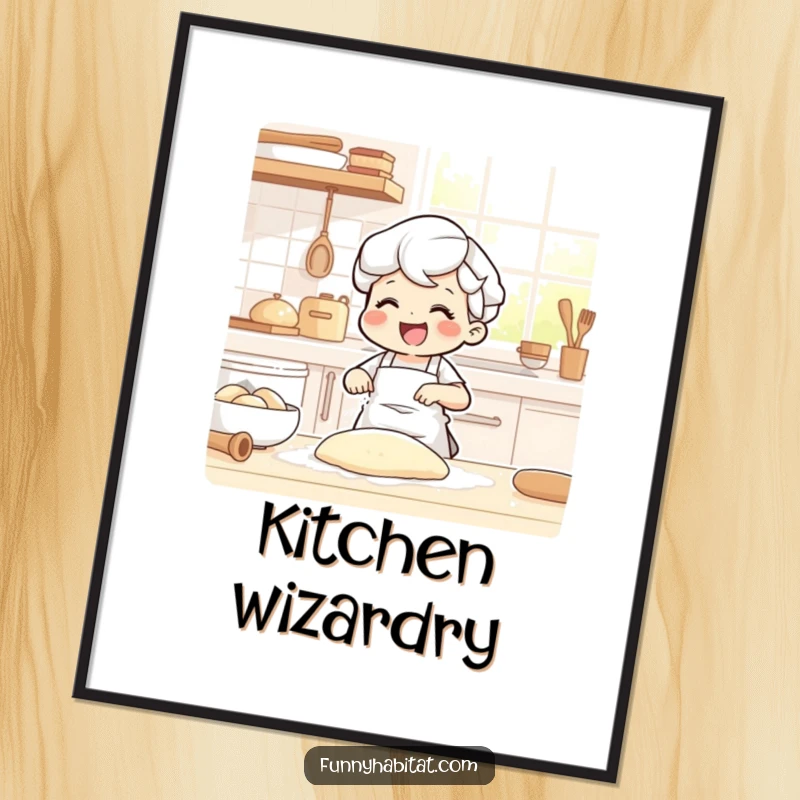Funny poster featuring a joyful character happily kneading dough in a sunlit kitchen, dusted with flour, kitchen decor.