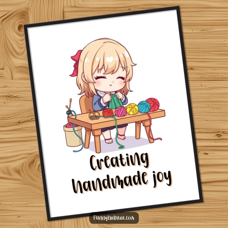 Funny poster featuring a diligent character crafting with colorful yarn and needles at a desk, inspiring creativity.