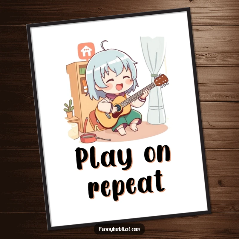 Funny poster art of a character enthusiastically playing a musical instrument in a cozy room; vibrant and humorous musical decor.