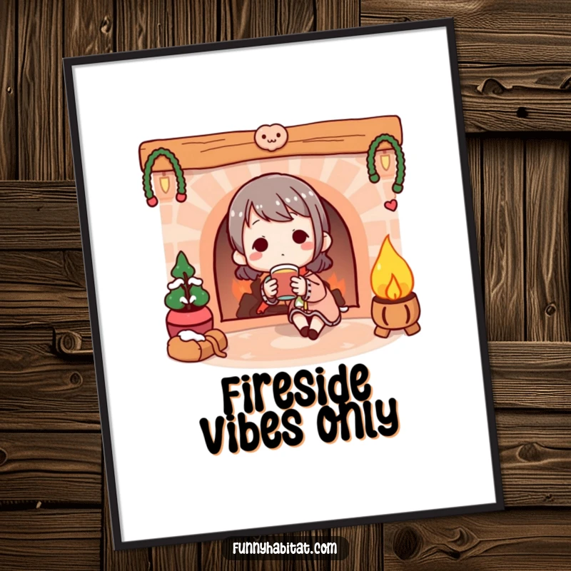 Funny Poster: Illustration of a character happily enjoying a warm beverage by a cozy, illustrated fireplace.