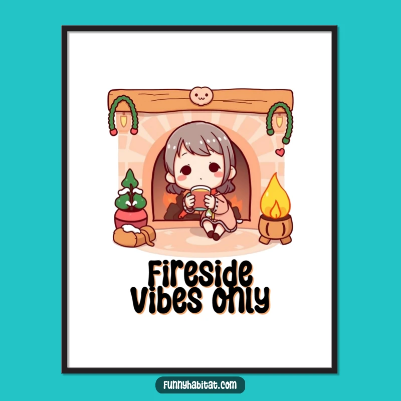 Funny Fireplace Scene Poster: Cozy Warmth Art - Hilarious Wall Decor for Comfort Lovers
